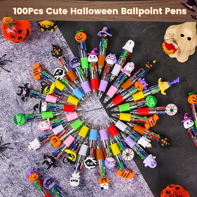 LiYiQ 100 Pcs Halloween Colorful Multicolor Pen in One Cartoon Cute Fun 4-in-1 Cute Pens Bulk Kawaii Pumpkin Ghost Bat Shape Cool Ballpoint Pens for Kids Fun Gifts-DeskLoop Office
