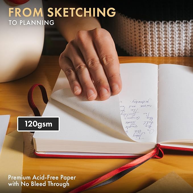 Wordsworth & Black A5 Bullet Dotted Journal 216 Dotted Pages, Hardcover Grid Dot Leather, 120 GSM Paper, Journaling Notebook for Work & Sketching, Journals for Women, Men - Gifts Box Included Red-DeskLoop Office