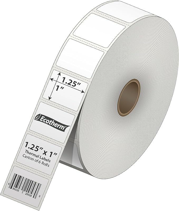1.25" x 1" Thermal Labels | 6 Rolls | 14040 Labels | fits Zebra, Godex, Arkscan, iDPRT, Offnova Thermal Label Printers and More | Blank White Adhesive Stickers by Ecotherm-DeskLoop Office