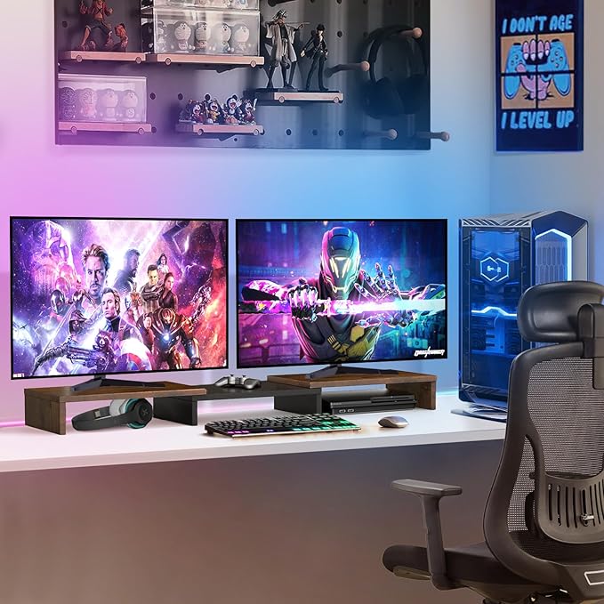 TAVR Dual Monitor Stand Riser, Computer Monitor Stands for 2 Monitors, Extra Long Multifunctional Desktop Organizer Riser for Computer, Laptop, PC, Printer, TV, Max 43.3" Length, Rustic Brown-DeskLoop Office