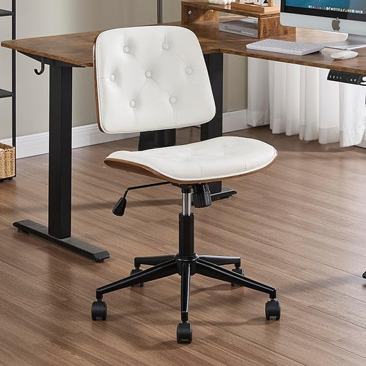Small Home Office Chair - Armless Mid Back Desk Chair with 360° Swivel and Wheels, PU Upholstered Height Adjustable Modern Walnut Computer Chair for Home, Office Meeting Room - White-DeskLoop Office