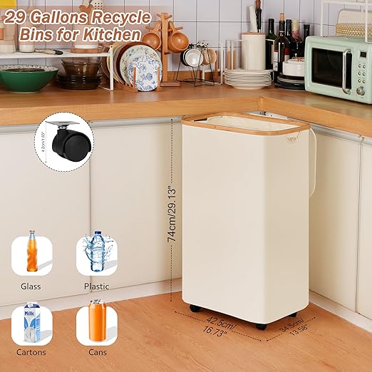 Recycling Bin for Kitchen, Indoor Home Recycle Bins with Wheel, 29 Gallons Large Recycling bin with 2 Removeable Reusable Inner Bags, for Bottles Cans Glass Plastice Cartons(Beige)-DeskLoop Office