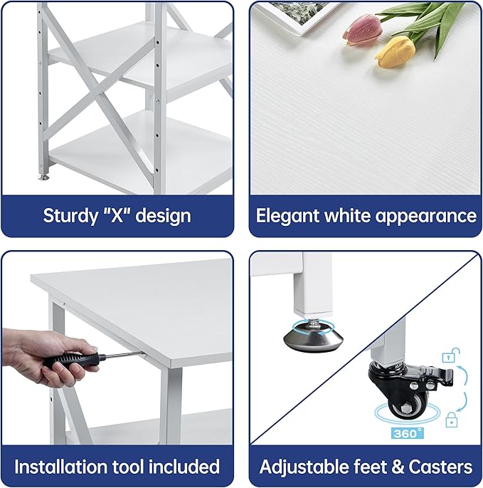 Large Printer Stand with Height Adjustable Storage Shelf, 23.6 x 23.6 Inches Square Printer Table with Industrial Wheels, Multi-use 3 Tier Rolling Printer Cart for Home Office - White-DeskLoop Office