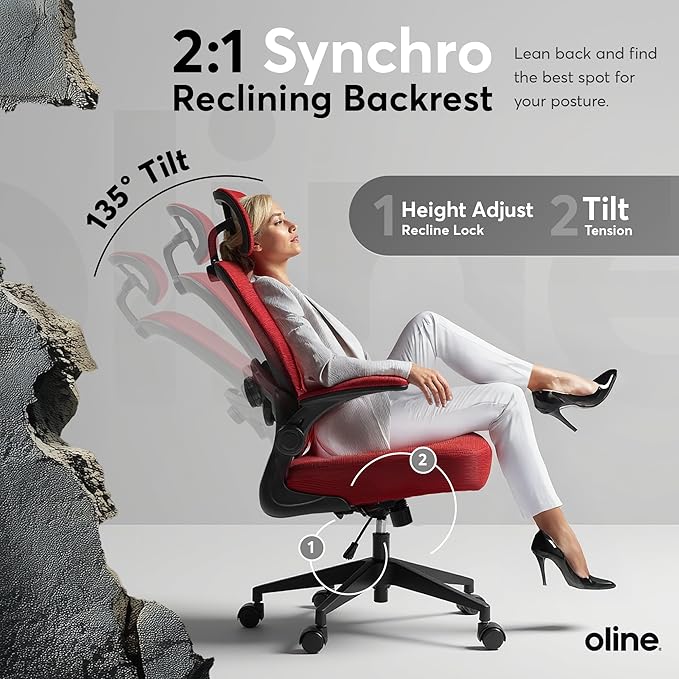 Oline ErgoAir Ergonomic Office Chair – Adjustable Lumbar Support, Flip-Up Armrests, Mesh Computer Desk Chair, Swivel Rolling Executive Gaming Chair for Home & Office (Red)-DeskLoop Office