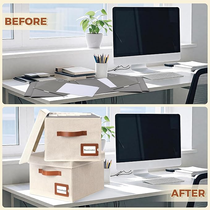 Storage Standard 2-Pack File Organizer Box with Lid - Collapsible Hanging Linen Document Organizer Portable File Boxes, Lightweight & Portable Filing Box Crates with Handles & Extras, Ivory-DeskLoop Office