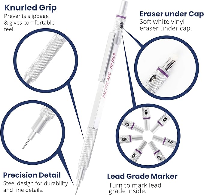 Pacific Arc Chromograph Metal Mechanical Pencil .9 mm Silver Barrel Mechanical Pencil with Built In Lead Pencil Grade Indicator, Lead Pencil Holder for Drafting, Sketching, and Drawing-DeskLoop Office