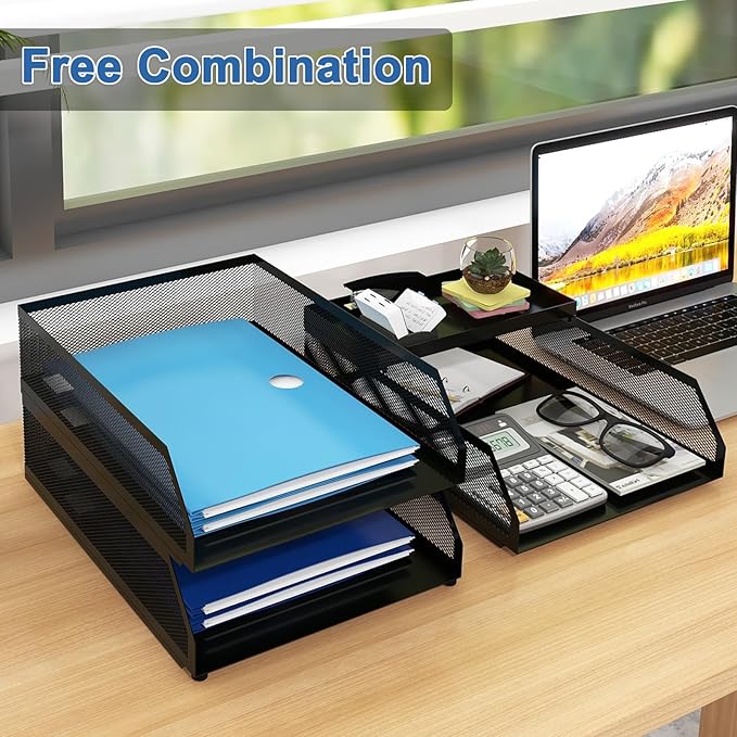 Natwind 3-Tier Stackable Paper Tray, Metal Mesh Desktop Organizer, Paper Sorter, Letter Trays,File Document Storage Rack for for Home, Office, School (Black)-DeskLoop Office