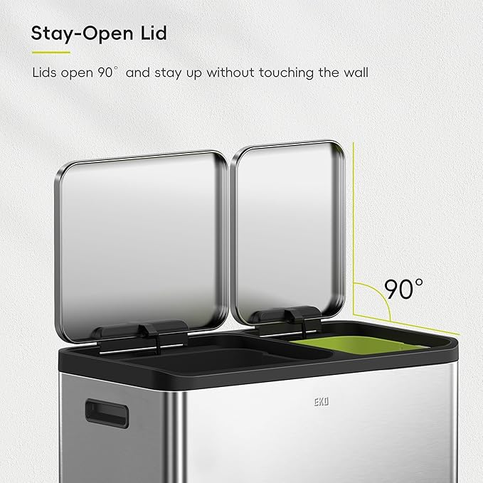 EKO EcoCasa Stainless Steel Dual Step Trash Can for Recycling, 30L+20L Rectangular Kitchen Trash Can, Independent Pedals and Lids, Soft Close and Fingerprint Resistant-DeskLoop Office