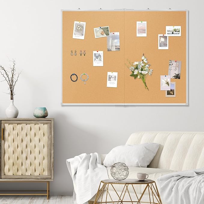 Double-Sided Large Cork Board, 60" x 36" Foldable Hanging Aluminum Framed Bulletin Board, Vision Board Pin Board Corkboards for Walls, Office, School Decor, 20 Pushpins-DeskLoop Office