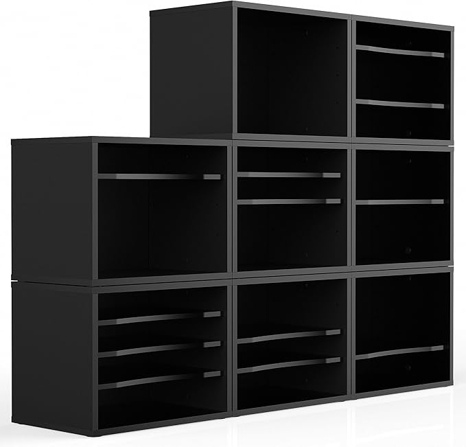 FITUEYES Wood Desk Paper Organizer with 4 Tiers Storage, Desktop File Holder, Document Letter Sorter Tray with Adjustable Shelves, Home Office Wooden Mail Rack, Black-DeskLoop Office