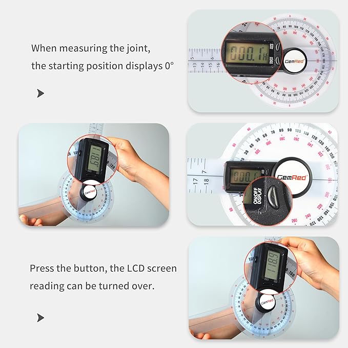 GemRed 12" Digital Goniometer 360 Degree Physical Therapy Plastic Protractor for Joint Range of Motion ROM Measurement-DeskLoop Office