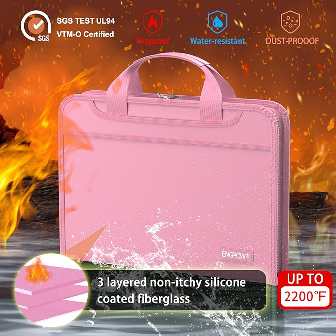 ENGPOW Accordion File Organizer,Fireproof Expanding File Folder with Multi Pockets,13 Pockets Document Organizer with Handle & Labels,Portable Home Travel Safe Storage Folder for Letter A4 Files,Pink-DeskLoop Office