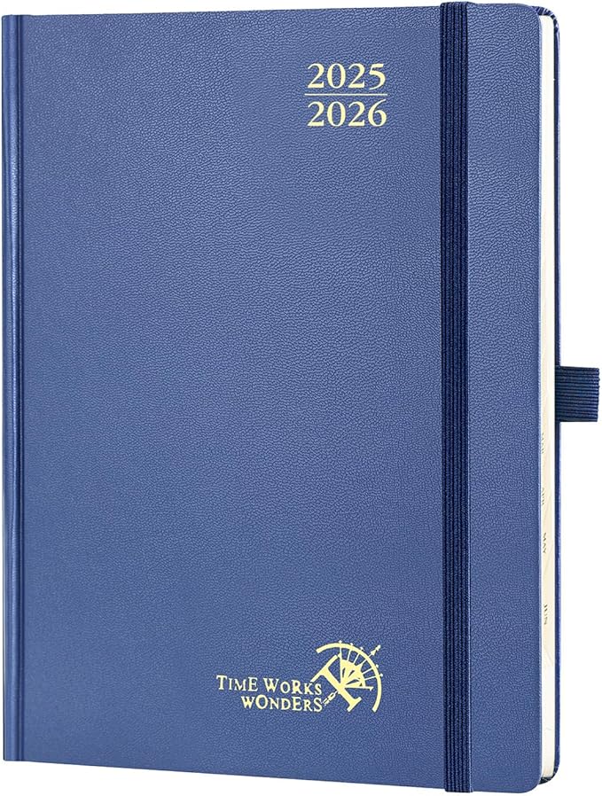 POPRUN Planner 2025-2026, (Medium 6.5'' x 8.5'' Hard Cover) Academic Calendar (July 25-June 26) Daily Weekly and Monthly Appointment Book with Hourly Time Slots, Monthly Tabs, 100 GSM - Navy Blue-DeskLoop Office