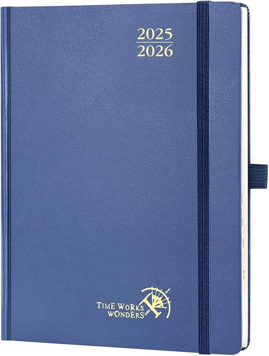 POPRUN Planner 2025-2026, (Medium 6.5'' x 8.5'' Hard Cover) Academic Calendar (July 25-June 26) Daily Weekly and Monthly Appointment Book with Hourly Time Slots, Monthly Tabs, 100 GSM - Navy Blue-DeskLoop Office
