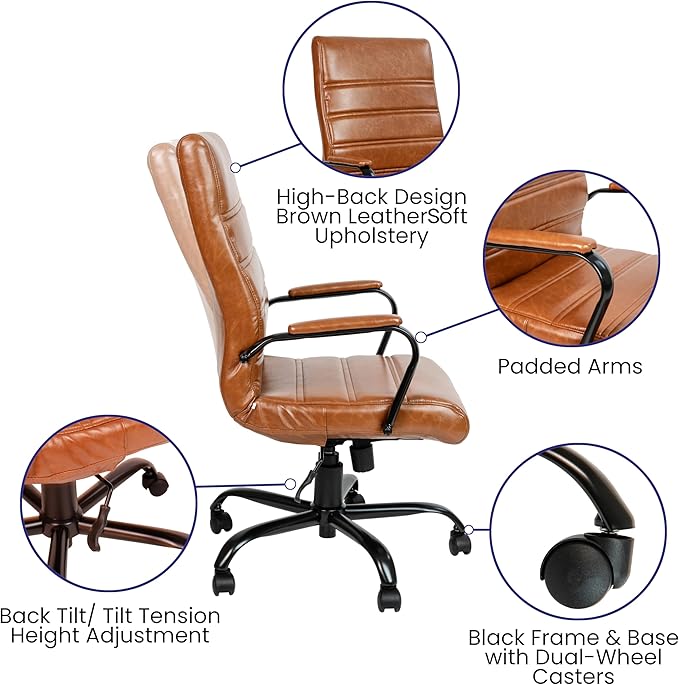 Flash Furniture Whitney High-Back Swivel LeatherSoft Desk Chair with Padded Seat and Armrests, Adjustable Height Padded LeatherSoft Office Chair, Brown/Black Gold-DeskLoop Office