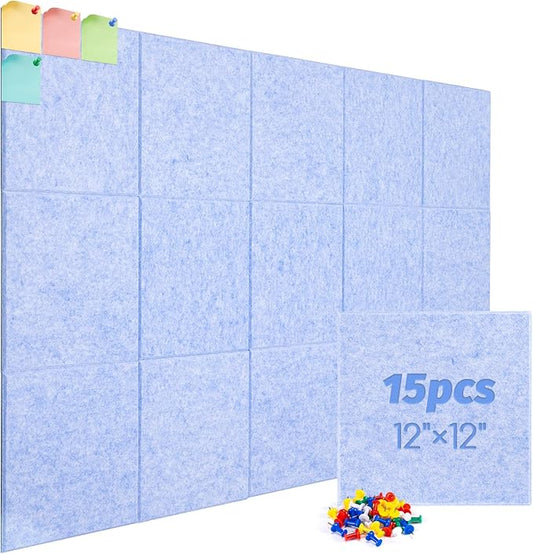 Large Cork Board Alternative, 15 Pack Felt Board with Safe Removable Adhesive Tabs Felt Wall Tiles, Large Cork Boards for Walls, Cork Board for Home Office, Pin Boards for Walls, Light Blue-DeskLoop Office