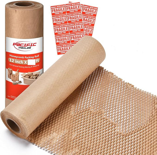 Honeycomb Packing Paper Pacific Mailer 12" x 65' Moving Paper Bubble Cushioning Wrap with 20 Fragile Sticker Labels-DeskLoop Office