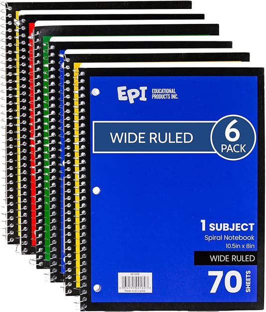 EPI Spiral Notebook | Wide - 70 Sheets, Durable Spiral Binding | 10.5 x 8 in | Classroom Supplies | School, Office, Note Taking, Journaling - 6 Pack-DeskLoop Office