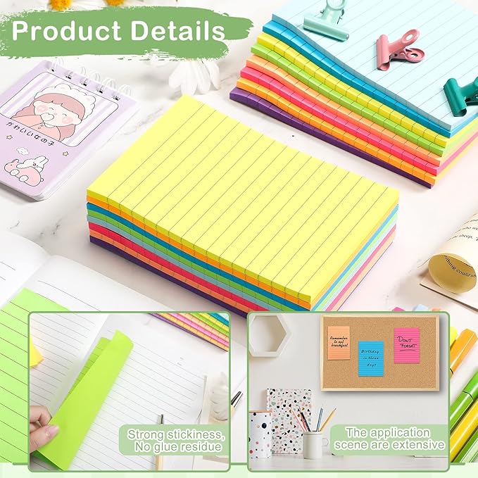24 Pack Lined Sticky Notes 4 x 6 Inch Colorful Sticky Note Pads with Lines Bright Ruled Self Sticky Notes Memo Pad for Office Home Supplies, 50 Sheets per Pad, 1200 Sheets, 8 Colors-DeskLoop Office