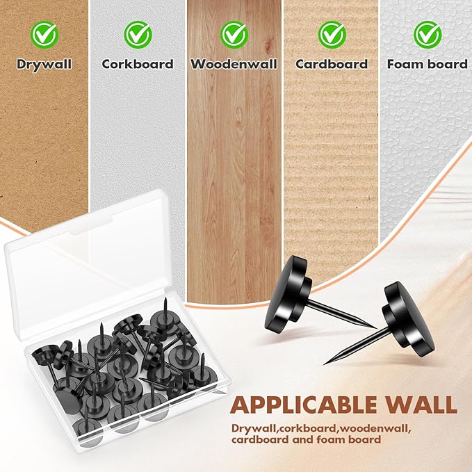 30 Pieces Black Thumb Tacks, Metal Push Pins, Zin Alloy Tacks for Wall, Picture Hanging Hooks, Picture Hangers, Poster Tack, Wall Tacks for Bulletin Boards Decorative-DeskLoop Office