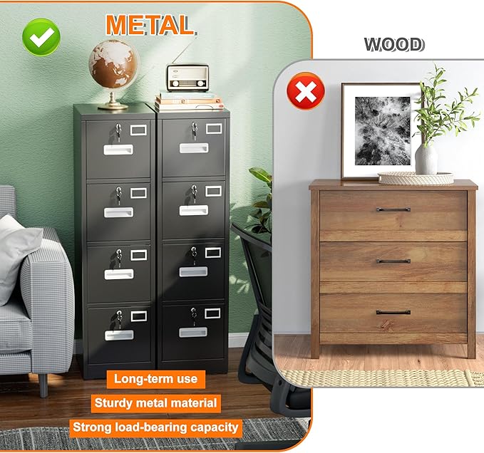 4 Drawer Metal Vertical File Cabinet with 4 Independent Locks, Home Office File Cabinet with Card Holder for Letter/Legal/A4 Folders, Black Filing Cabinet, Assembly Required, 4 Drawers-DeskLoop Office