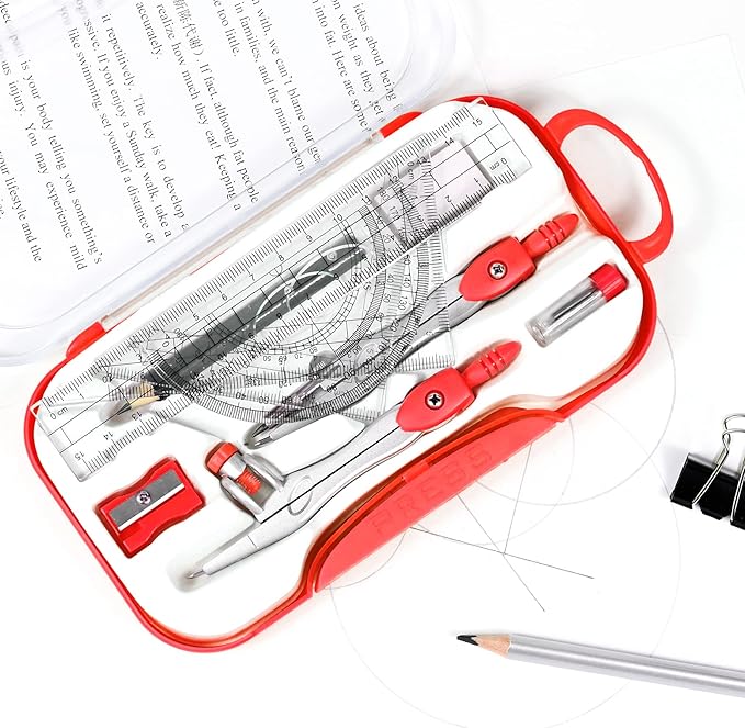 10 Pieces Math Geometry Kit Set Student Supplies with Shatterproof Storage Box,Includes Rulers,Protractor,Compass,Eraser,Pencil Sharpener,Lead Refills,Pencil,for School and Drawings(Red)-DeskLoop Office