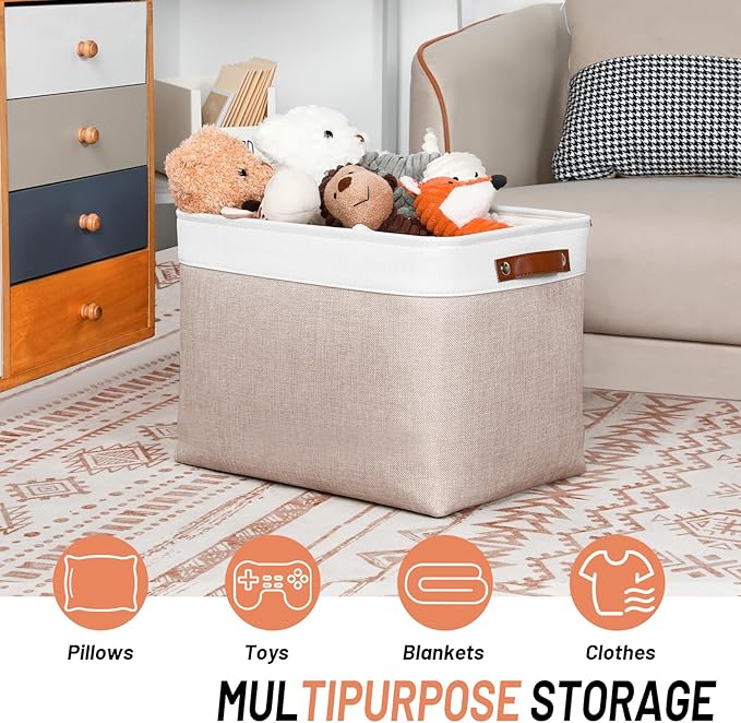 DULLEMELO Fabric Storage Bins, Lining Fabric Baskets For Gifts, Large Storage Baskets for Toys Books Clothes Storage, Foldable Storage Basket for Office Home Shelves Closets Organizing(White&Khaki)-DeskLoop Office
