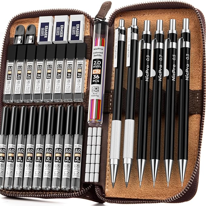 Nicpro 33PCS Black Metal Mechanical Pencil Set in Leather Case, Art Drafting Pencil 0.3, 0.5, 0.7, 0.9 mm, 2mm Lead Holders for Sketching Drawing With 18 Tube (6B 4B 2B HB 2H 4H Colors) Lead Refills-DeskLoop Office