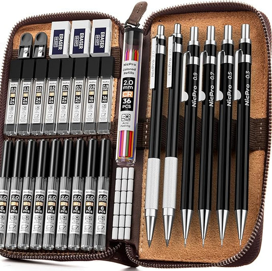 Nicpro 33PCS Black Metal Mechanical Pencil Set in Leather Case, Art Drafting Pencil 0.3, 0.5, 0.7, 0.9 mm, 2mm Lead Holders for Sketching Drawing With 18 Tube (6B 4B 2B HB 2H 4H Colors) Lead Refills-DeskLoop Office