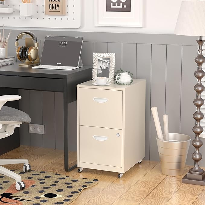 2 Drawer File Cabinet with Lock,Cream Rolling File Cabinet for Home Office, Metal Small Mobile Filing Cabinets on Wheels for Hanging Letter