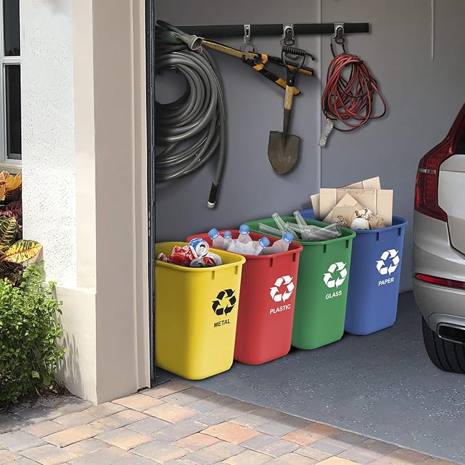 Acrimet Wastebasket Bin for Recycling, 6.75 Gallon/ 27 Quart/ 25.552 Liter (Made of Plastic) (Metal/Yellow, Paper/Blue, Glass/Green, Plastic/Red) (Set of 4)-DeskLoop Office