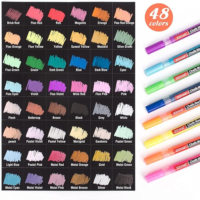ZEYAR Liquid Chalk Marker, Wet Erase Marker, Water-Based Opaque Ink, Fine Tip for Detailed Drawing, Writes on Nonporous Chalkboards, Bistro Boards, Windows, Plastic and more (48 Full Colors)-DeskLoop Office