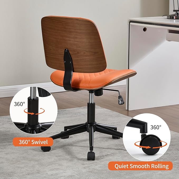 Small Home Office Chair - Armless Mid Back Desk Chair with 360° Swivel and Wheels, PU Upholstered Height Adjustable Modern Walnut Computer Chair for Home, Office Meeting Room - Orange-DeskLoop Office