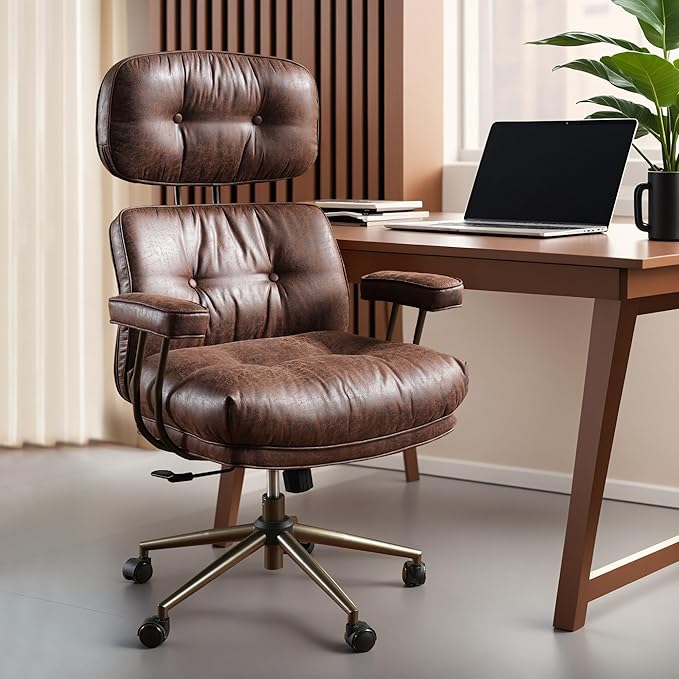 ovios Ergonomic Home Office Chair, Mid-Century Modern Faux Leather Chairs with Thickened Cushions, Comfy High Back Swivel Rolling Executive Computer Armchair (Dark Brown, Suede Leather)-DeskLoop Office