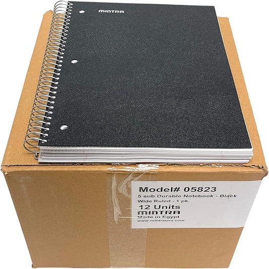 Mintra Office Durable Spiral Notebooks, 5 Subject (Black, Wide Ruled 12pk)-DeskLoop Office