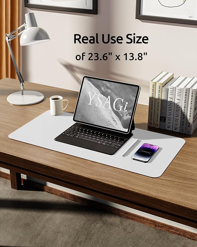 YSAGi Leather Desk Protector, Office Mat, Large Mouse Mat, Non-Slip PU Leather Blotter, Laptop Desk, Waterproof Writing Pad for Office and Home (White, 23.6" x 13.8")-DeskLoop Office