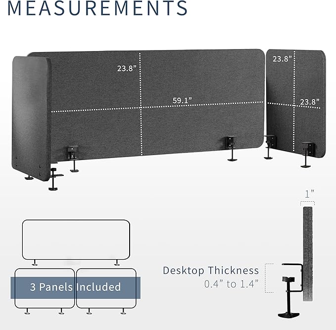 VIVO Clamp-on Privacy Panels 60 x 24 inch (x1), 24 x 24 inch (x2), Sound Absorbing Cubicle Desk Dividers, 3 Acoustic Partitions, Dark Gray, PP-3-V108D-DeskLoop Office