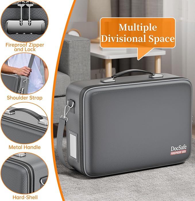 DocSafe Fireproof Document Box with Lock, Hard Case File Organizer with Accordion File Folder, Fireproof Water Resistant Safe Box Home Office Travel Storage for Important Documents Laptop Gray-DeskLoop Office