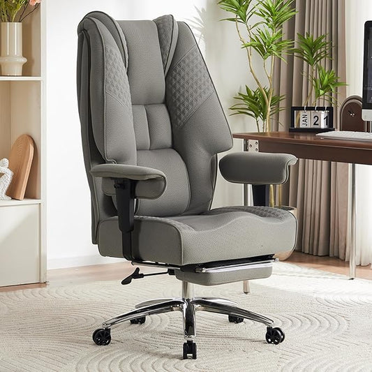 Big and Tall Office Chair 400lbs Wide Seat, Leather High Back Executive Office Chair with Foot Rest, Ergonomic Chairs Lumbar Support for Lower Back Pain Relief (Mesh Light Grey)-DeskLoop Office