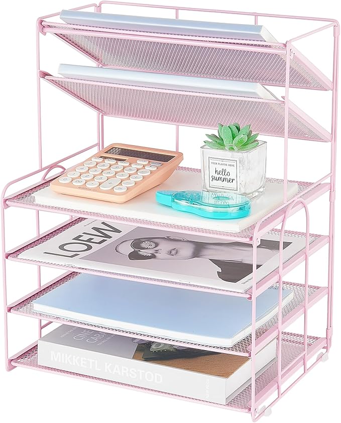 6-Tier Letter Tray Paper Organizer, Desk Organizers and Accessories, Desktop File Organizer, Office Desk Accessories for Office Supplies(Pink)-DeskLoop Office