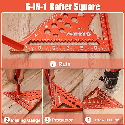 6-in-1 Carpenter Square 7 inch, Aluminum Rafter Square, Multi-Purpose Carpenter Tools : Wrench, Square, Protractor, Ruler, Marking Gauge, Drill Gauge, Includes 2pcs Carpentry Pencil (Champange)-DeskLoop Office