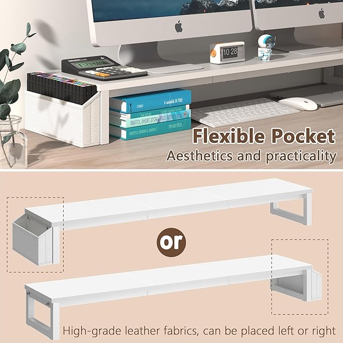 LAND·VOI Dual Monitor Stand Riser,41.5'' Long Monitor Stand for 2 Monitors, Wood and Steel Computer Monitor Stand, Desktop Oraganizer with Pen Holder, Monitor Riser for Desk Computer,Laptop,TV, White-DeskLoop Office