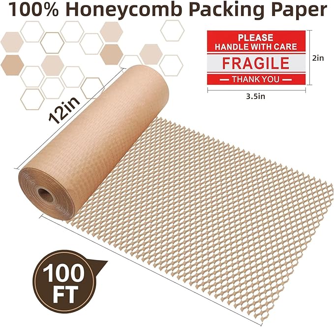 Honeycomb Packing Paper Wrap 12"x100' Sustainable Alternative to Bubble Wrap for Moving Shipping/Gift, Biodegradable & Fully Recyclable Bubble Paper Wrapping with 20 Fragile Sticker……-DeskLoop Office