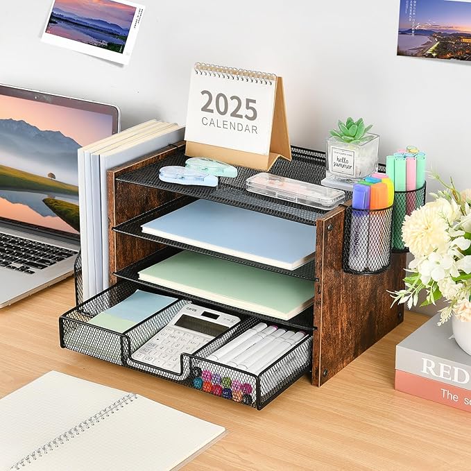 Desk Organizer and Accessories, 4-Tier Desktop File Organizer with Drawer and 2 Pen Holders, Office Desk Accessories for Office Supplies(Wood)-DeskLoop Office