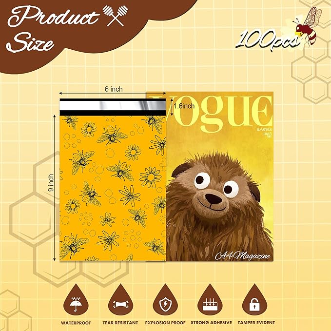 Bees Poly Mailer 6x9 Inch 100 Pcs, Waterproof Shipping Bags for Clothing, Tear-Resistant Mailier Bags, Strong Mailing Bags with Self-Seal-DeskLoop Office