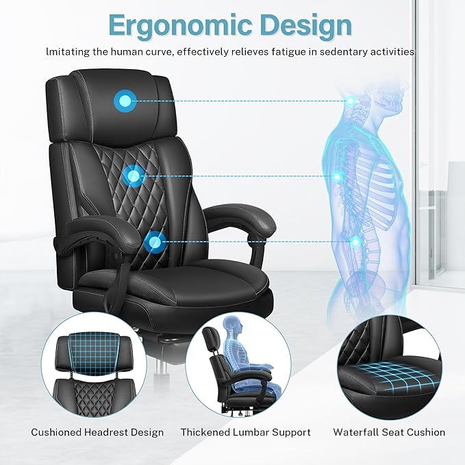 Executive Leather Office Chair, Big and Tall Office Chair with Footrest Home Office Desk Chairs, Ergonomic Computer Desk Chair with Lumbar Support, Reclining Desk Chair with Adjustable Angle-DeskLoop Office