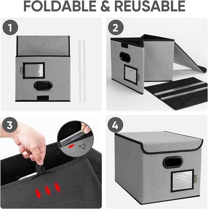 BALEINE File Organizer Box with Lid, Collapsible File Folder Organizer with Plastic Slide, Hanging File Folder Box for Office Document Storage (1 Pack, Grey)-DeskLoop Office