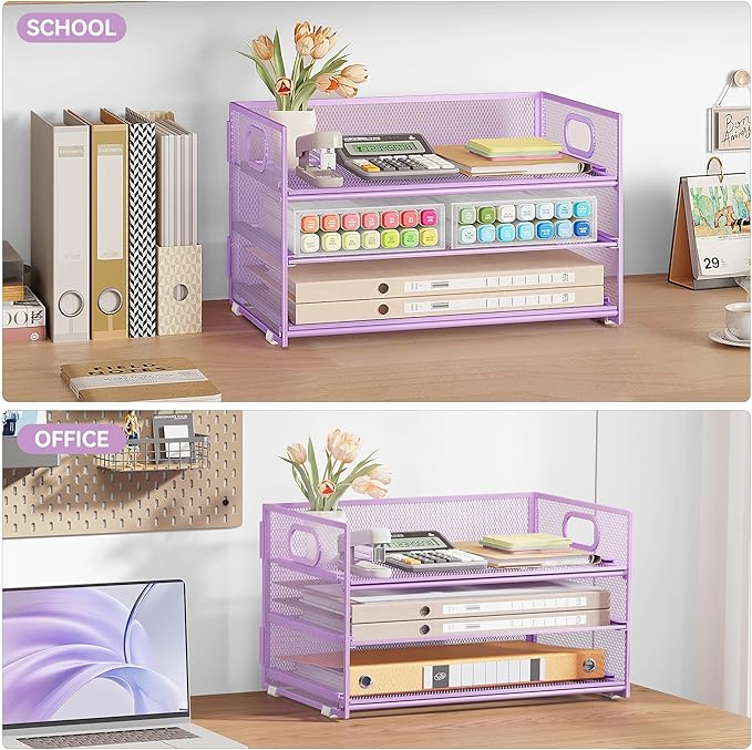 Subekyu 3 Tier Letter Tray Paper Organizer with Handle and 1 PC Sliding Tray, Purple Metal Mesh Desk File Folder Paper Sorter Organizer for Home Office School Desk Supplies Organization Storage-DeskLoop Office