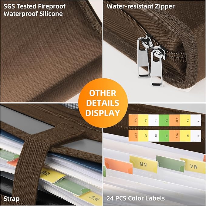 JUNDUN Accordion File Organizer - Fireproof Folder with Zipper & Labels - 12 Pocket Expanding File Folder with Multi-Pockets Paper Folder for Letter A4 Files | Receipt and More (Brown)-DeskLoop Office