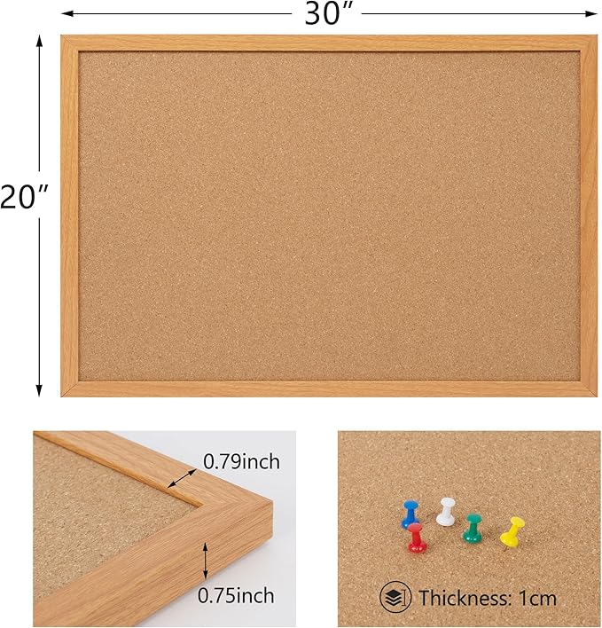 Board2by Cork Board Bulletin Board 20" x 30", Wood Framed Corkboards for Wall Decor, Hanging Office Message Board, Large Wall Mounted Notice Pin Board with 15 Push Pins for School, Home & Office-DeskLoop Office